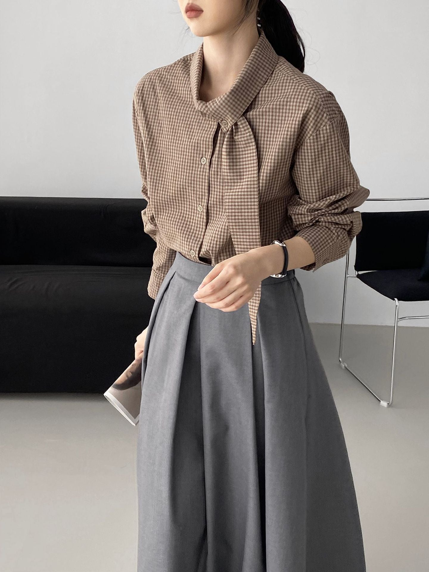 韓系設計感小衆領結格子襯衫-2色