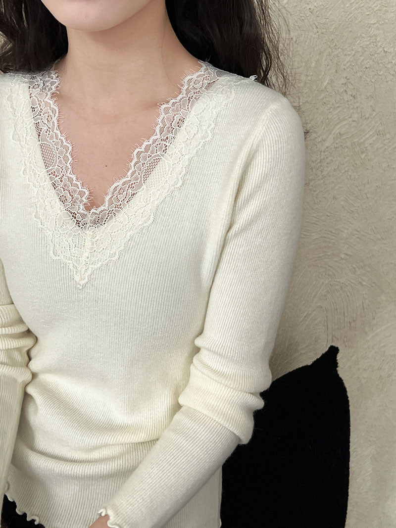 法式修身氣質蕾絲V領顯瘦內搭針織上衣-3色