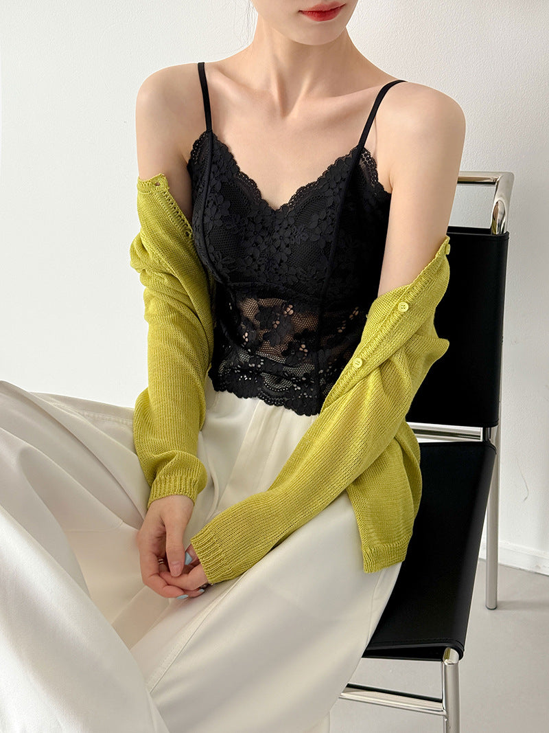 韓系法式蕾絲美背固定杯吊帶內搭-2色