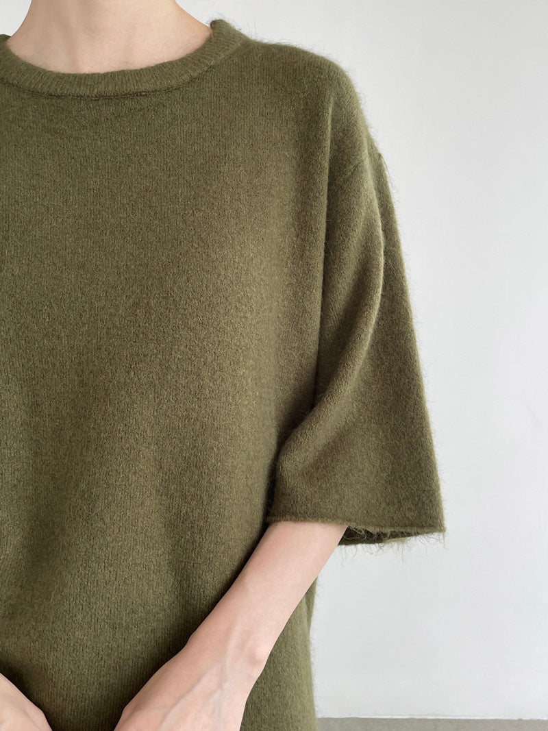 韓系慵懶感圓領五分中袖拉毛毛衣-4色