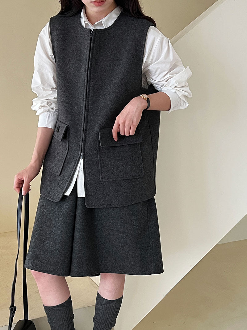 高級感寬鬆毛呢疊穿氣質圓領馬甲