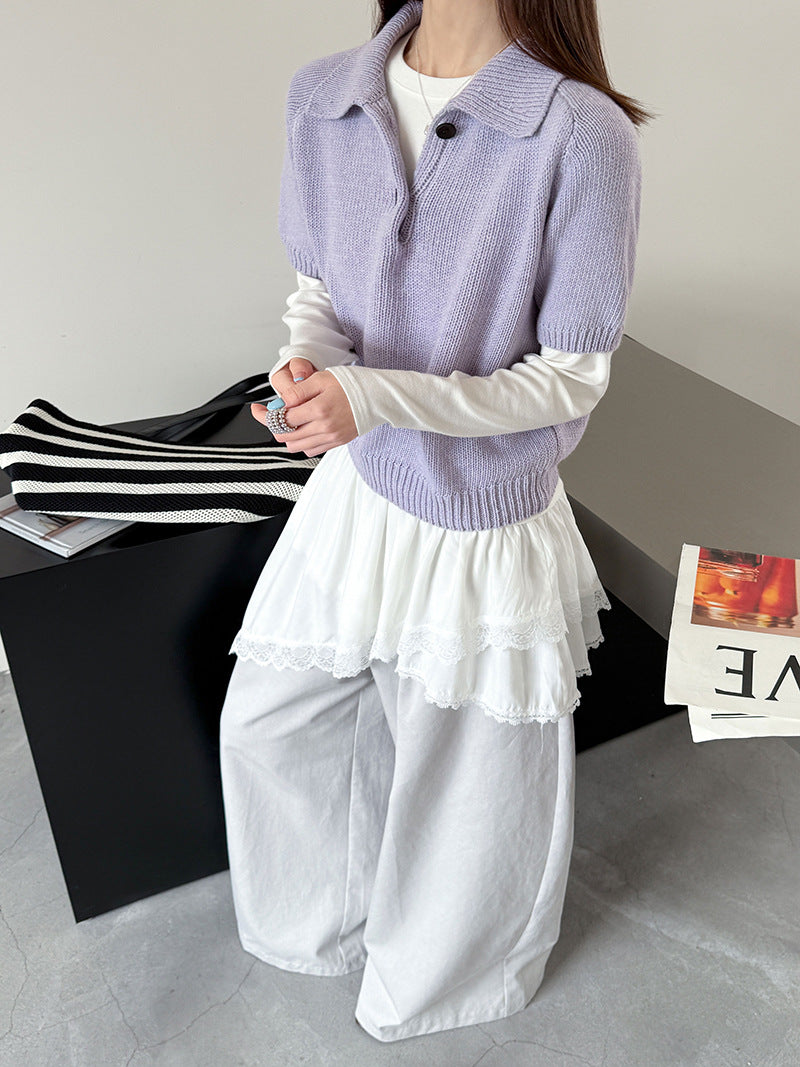 韓系氣質疊穿簡約Polo領針織顯瘦短袖毛衣-3色