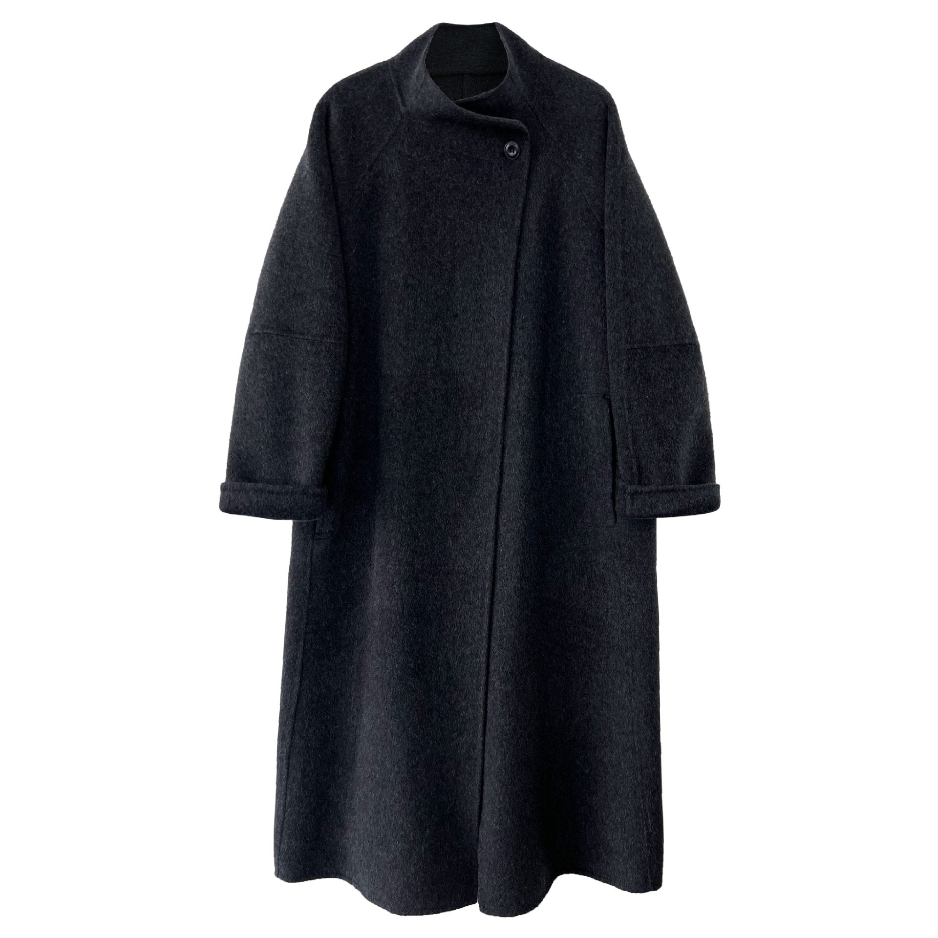 韓版慵懶斜扣領長款雙面呢羊毛大衣外套-3色