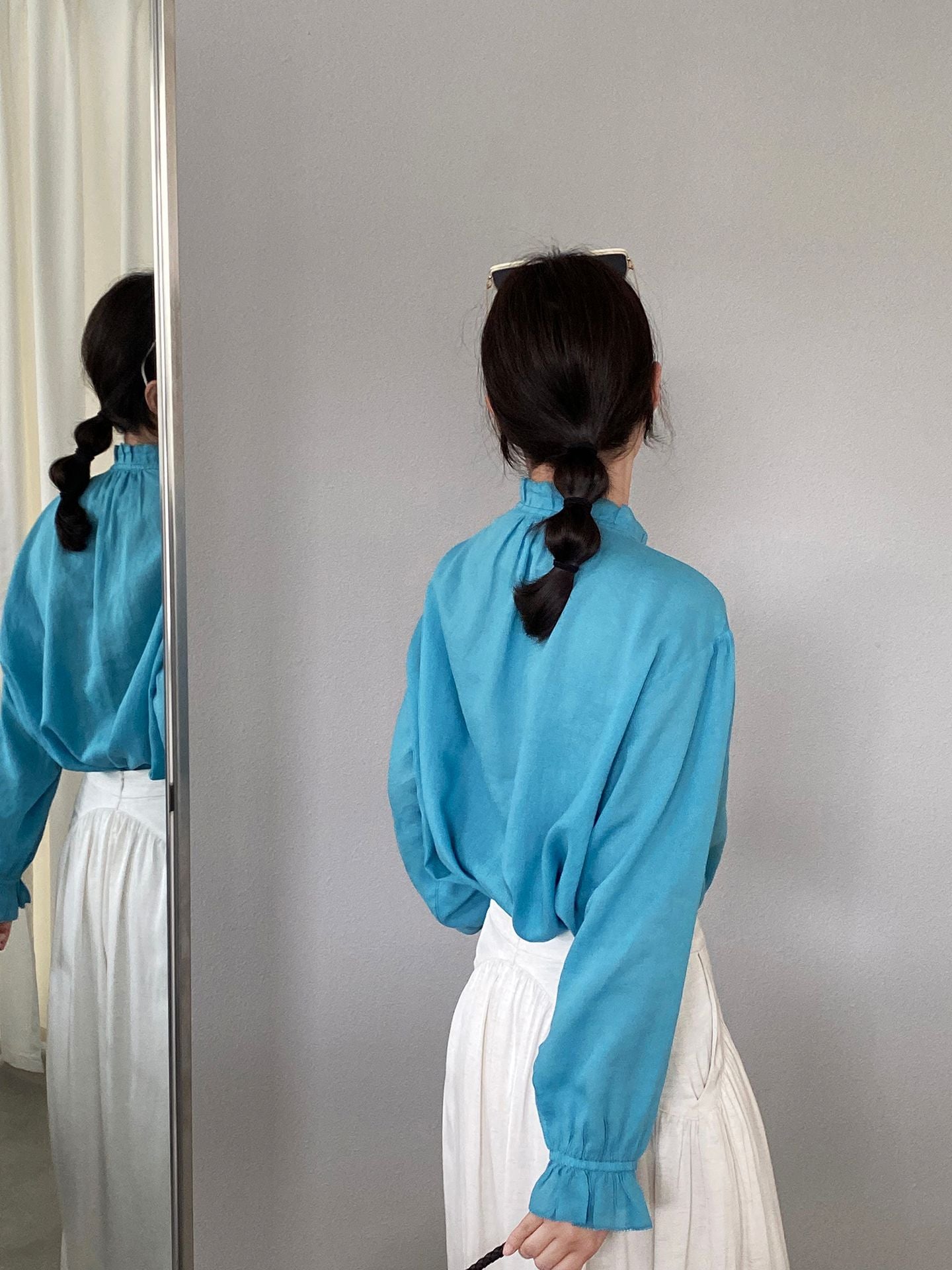 韓系復古木耳花邊領寬鬆喇叭袖苧麻襯衫-2色