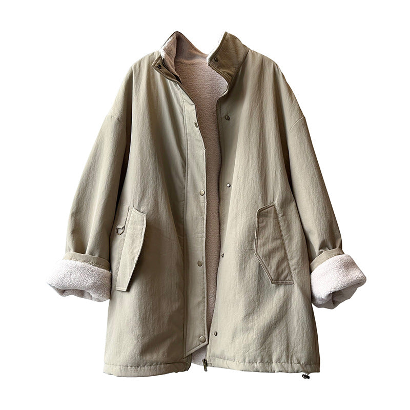 韓系設計感立領羊羔毛工裝保暖派克外套-2色