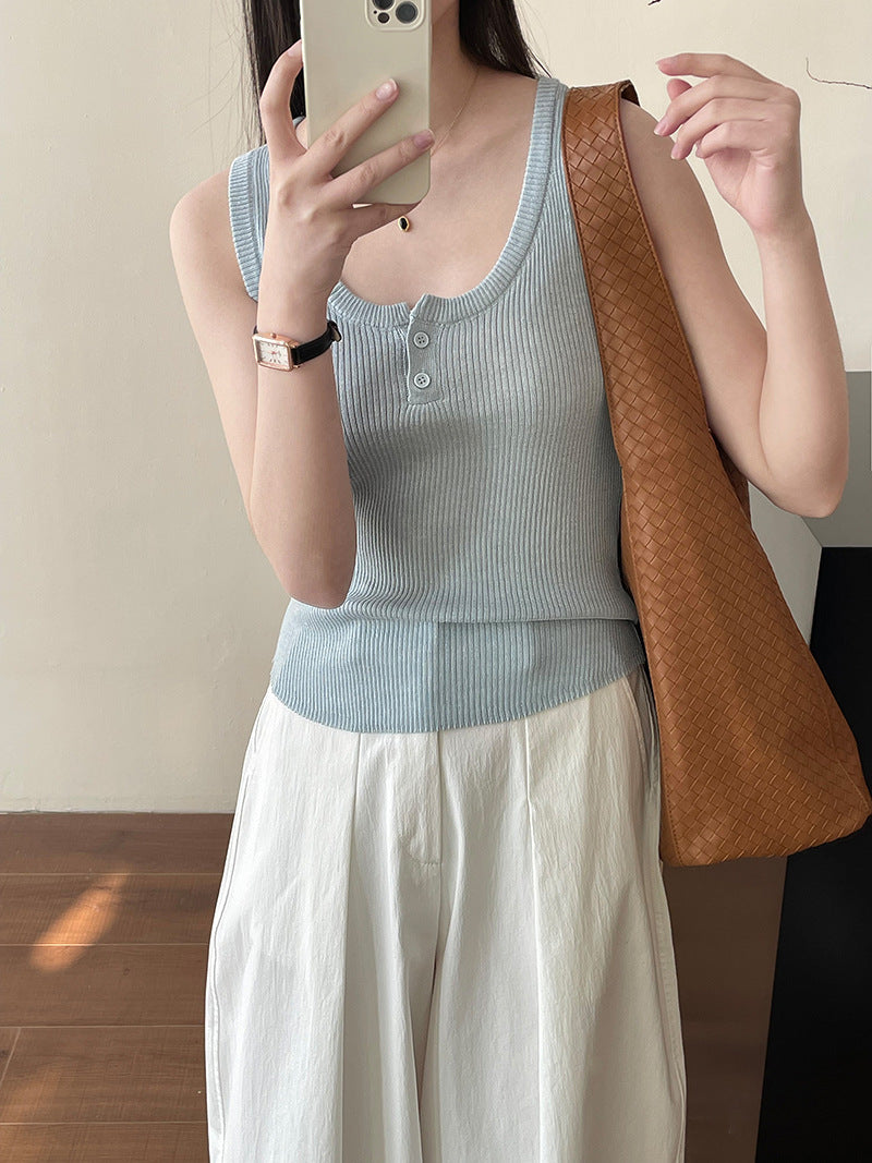 春夏U領百搭彈力羊毛針織小背心-7色