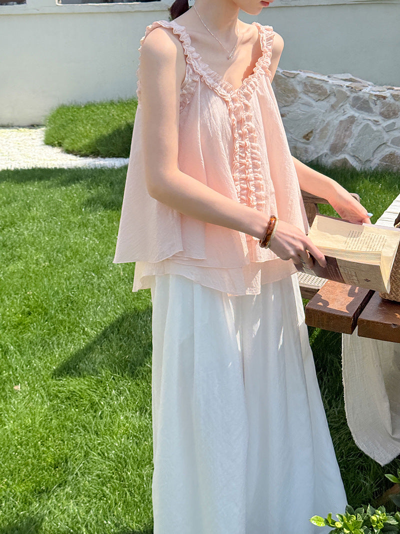 韓系溫柔風設計感花邊無袖上衣-3色