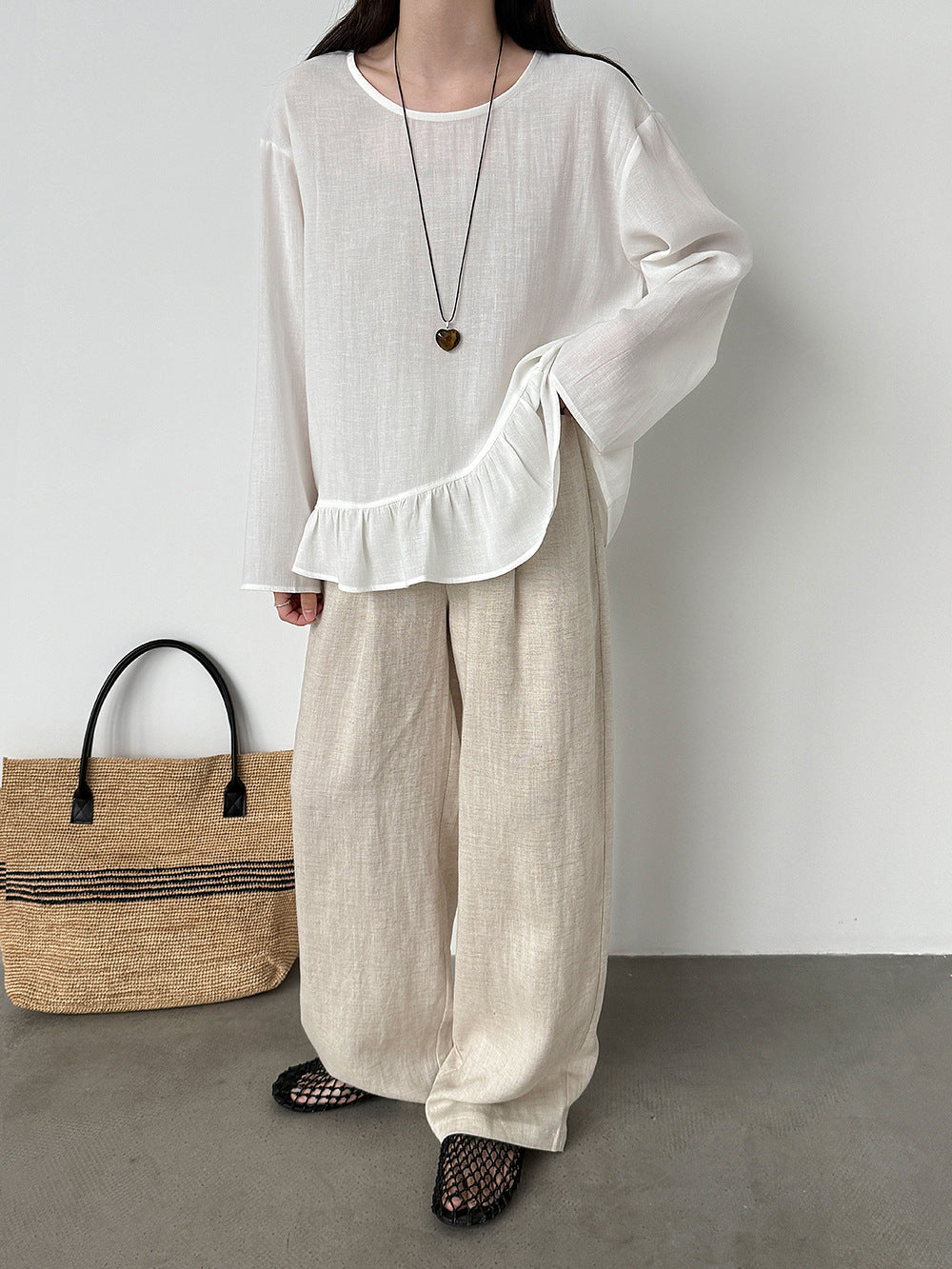 韓系亞麻垂墜感鬆緊腰闊腿褲-3色