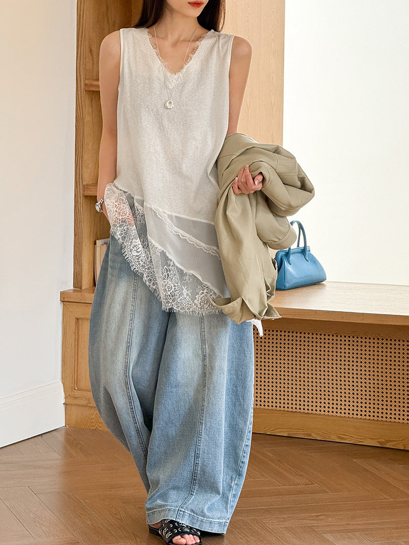 韓系優雅白月光網紗拼接透視針織打底衫-2色