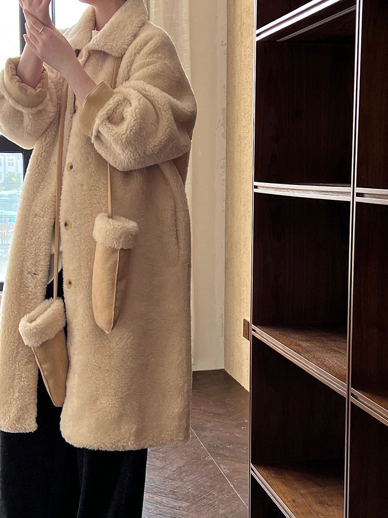 韓版翻領配手套羊羔毛大衣外套