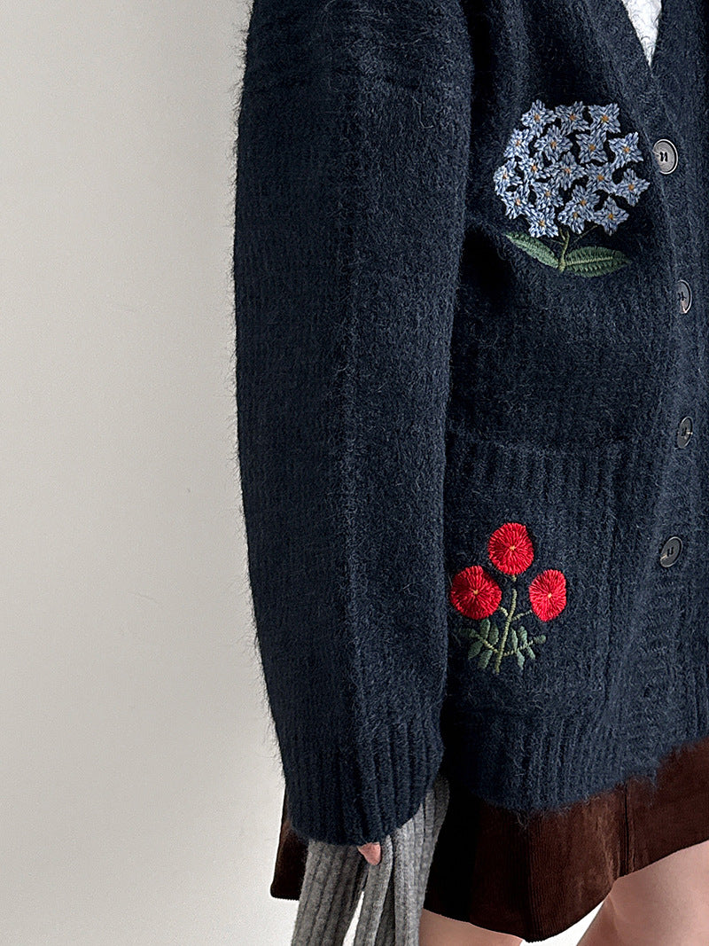 韓系復古軟糯花卉刺繡針織開衫外套-4色