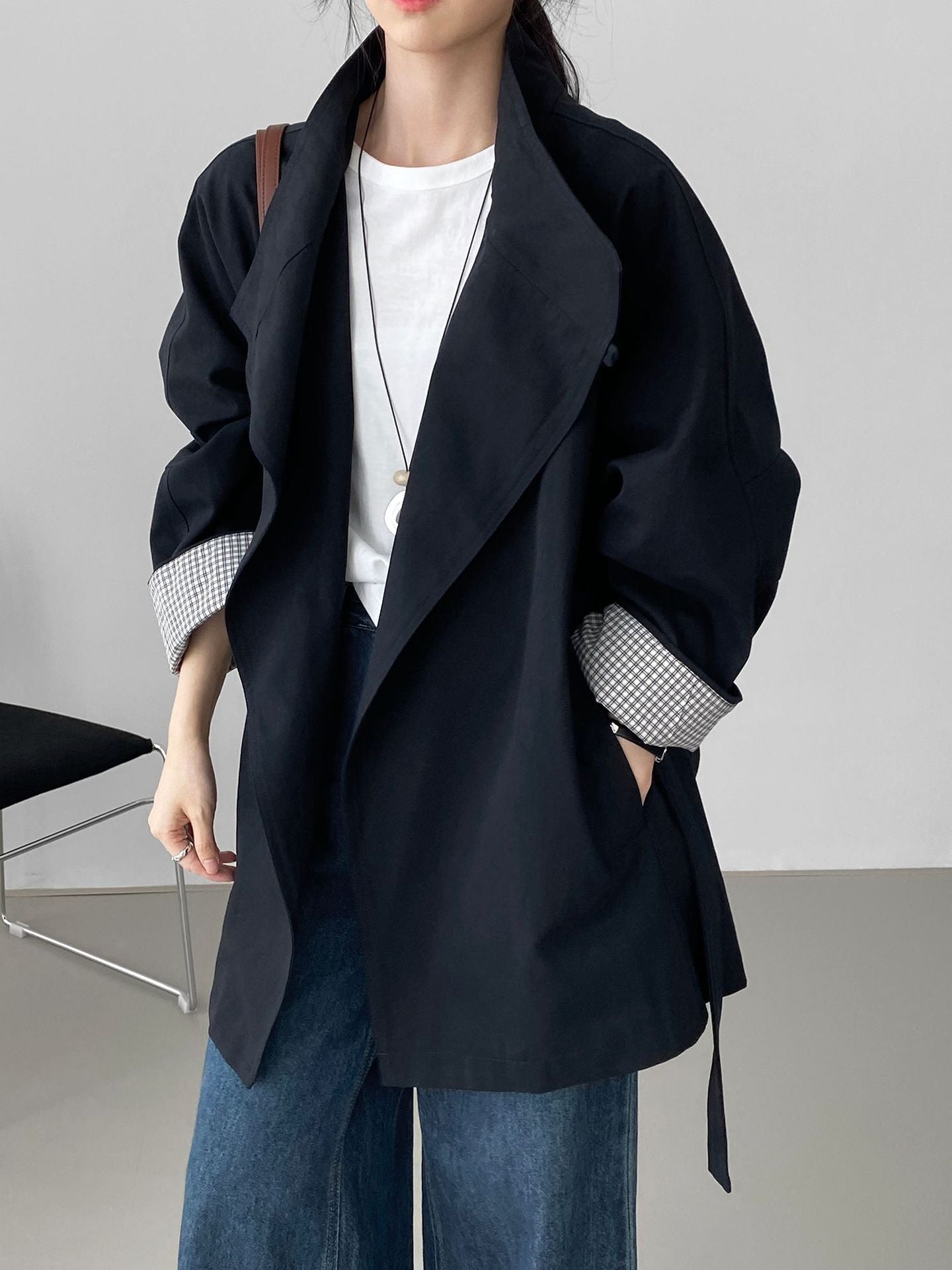 韓系復古英倫風立領寬鬆顯瘦收腰風衣外套-3色