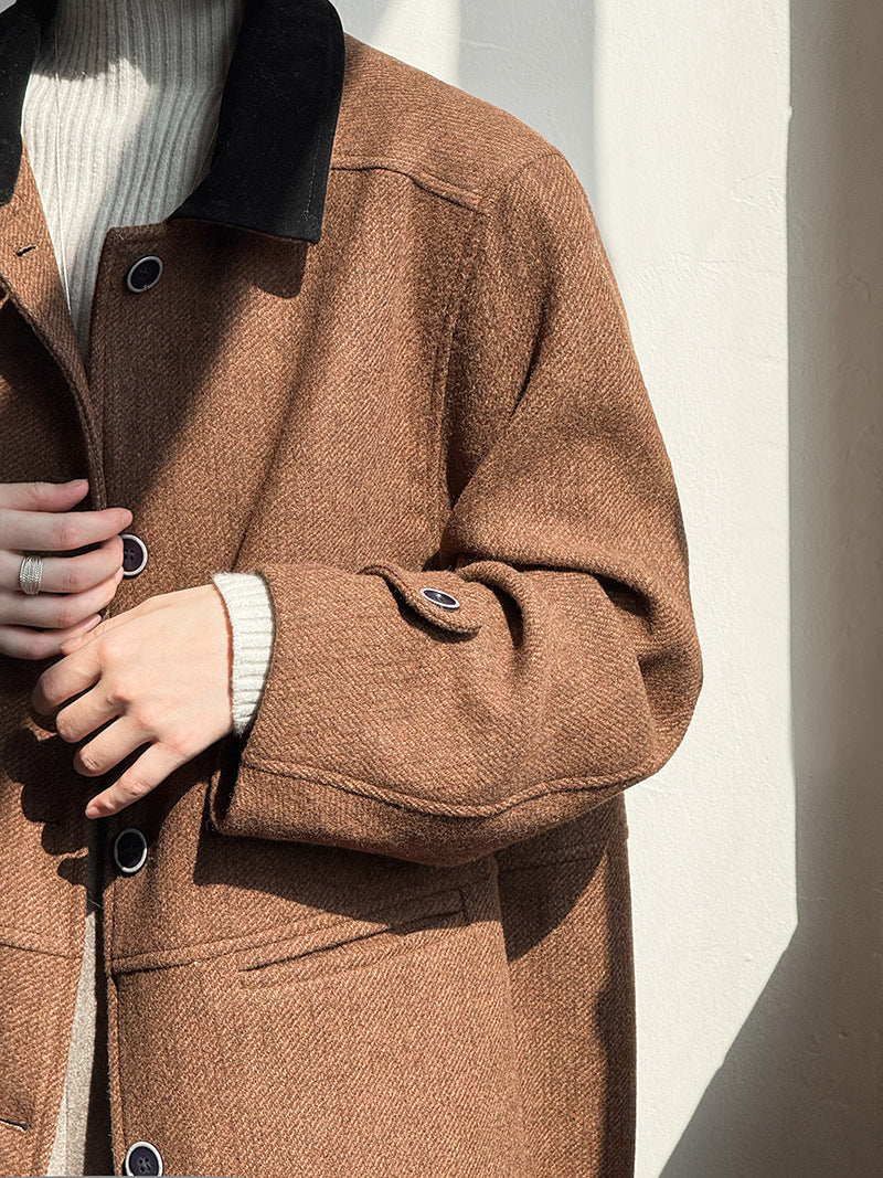 韓系復古翻領氣質撞色羊毛夾克外套-2色