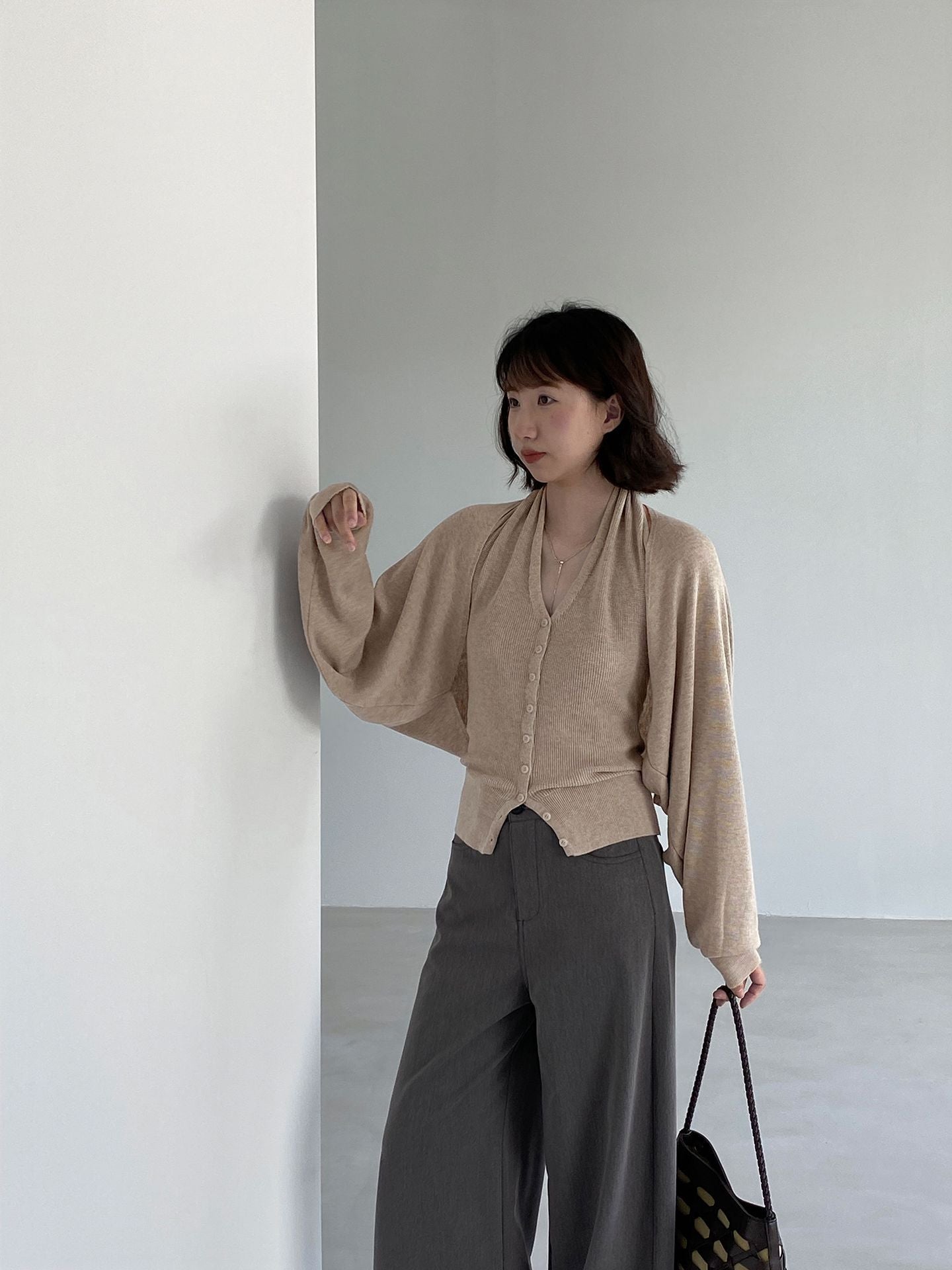 韓系低飽和顯瘦掛脖背心＋針織開衫-兩件式套裝-7色