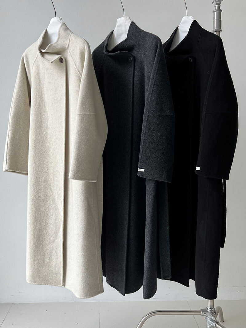 韓版慵懶斜扣領長款雙面呢羊毛大衣外套-3色