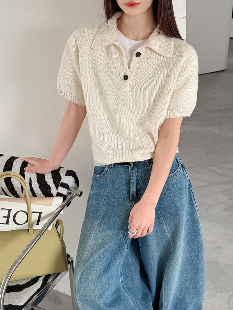 韓系氣質疊穿簡約Polo領針織顯瘦短袖毛衣-3色
