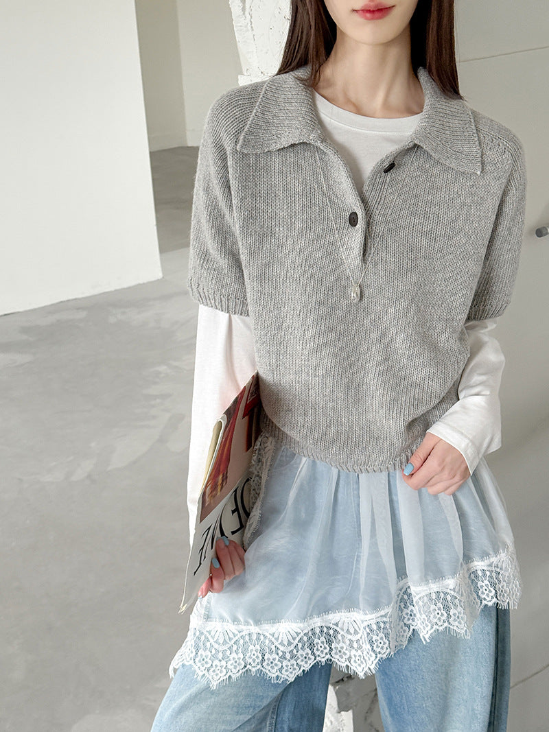 韓系氣質疊穿簡約Polo領針織顯瘦短袖毛衣-3色