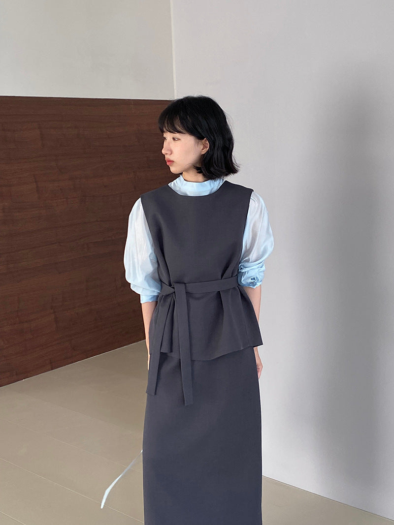 韓版高品質顯瘦西裝無袖馬甲+半身裙+配腰帶-三件式套裝