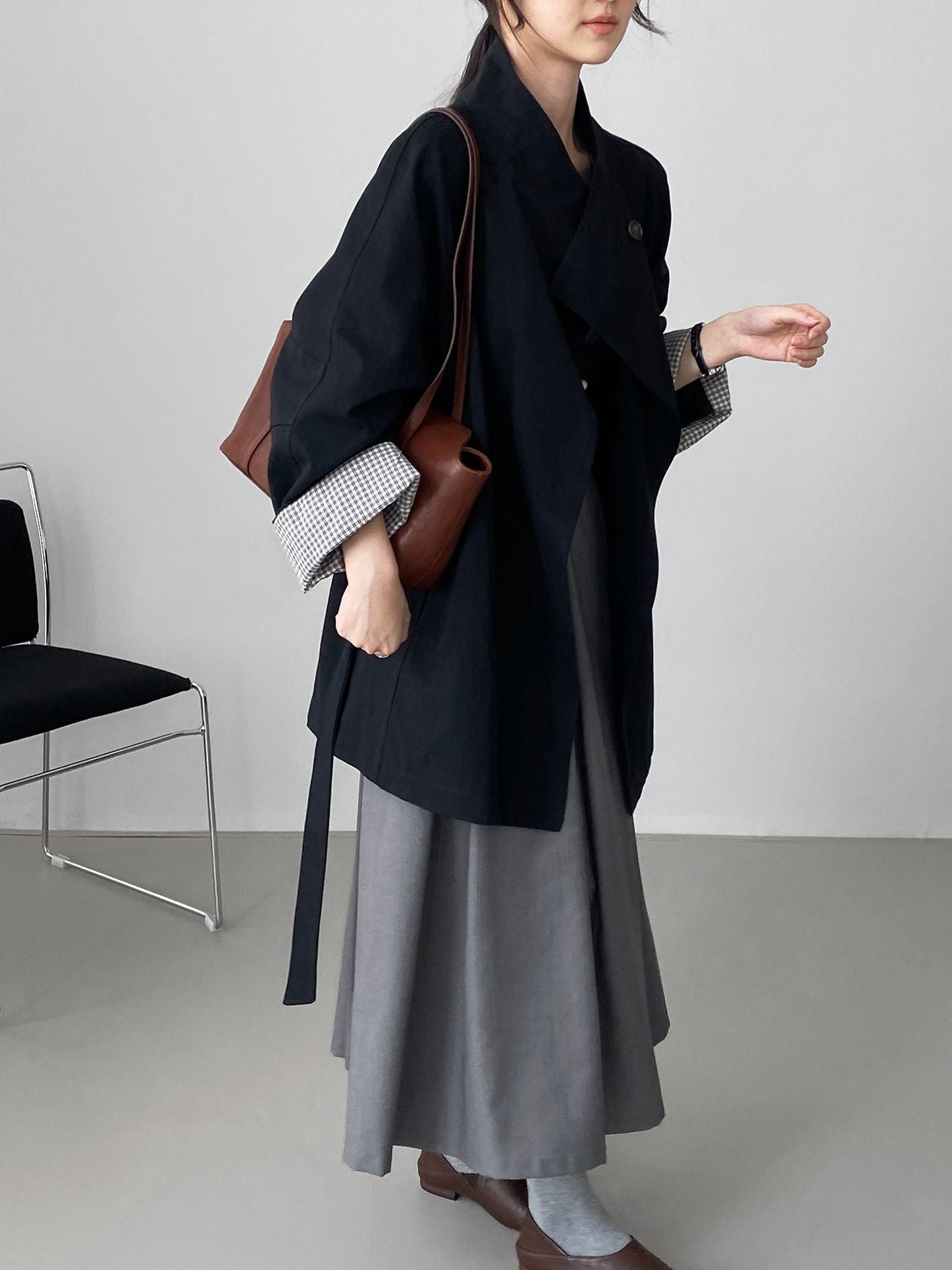 韓系復古英倫風立領寬鬆顯瘦收腰風衣外套-3色