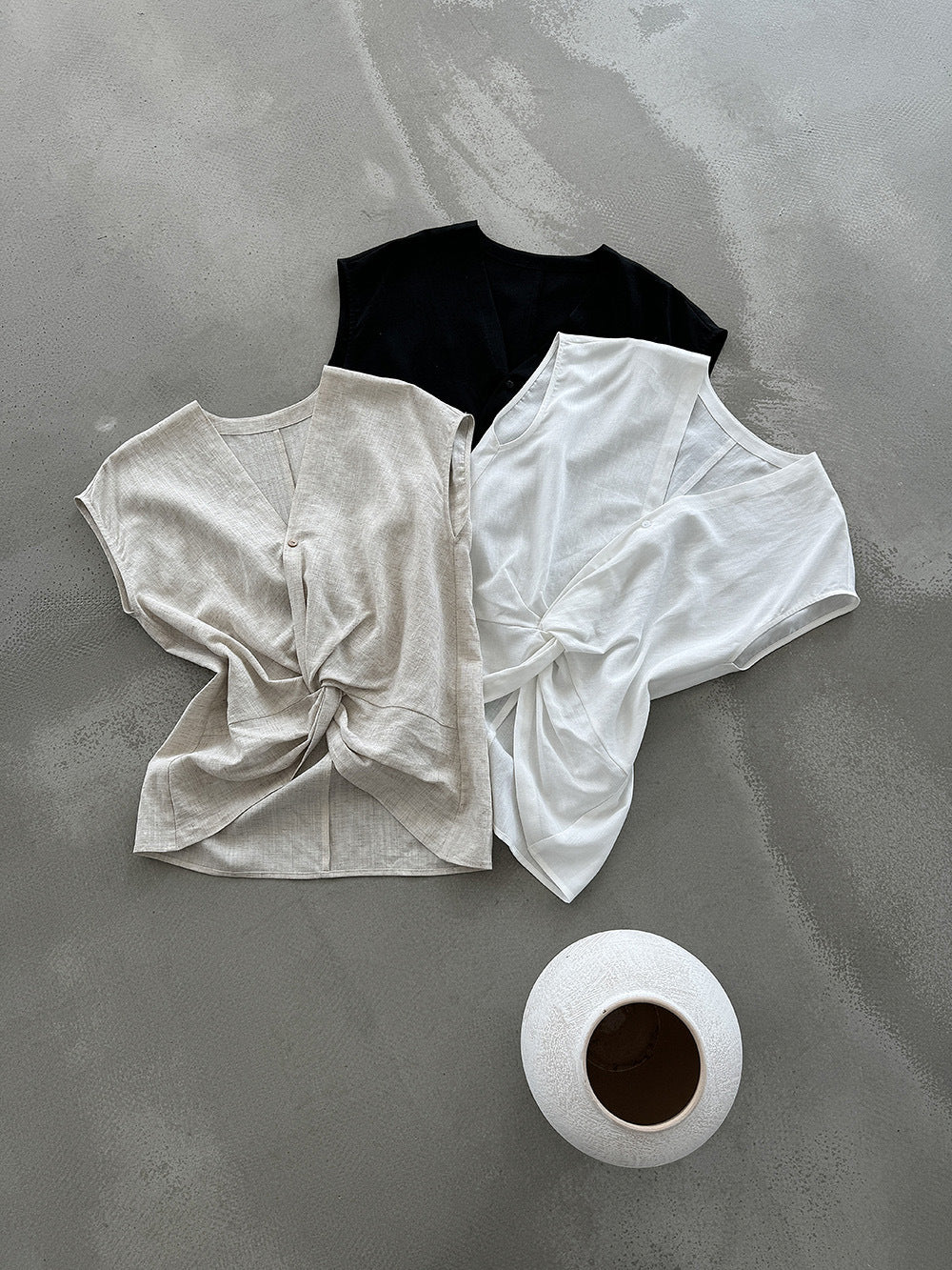 亞麻扭結V領無袖顯瘦背心上衣-3色