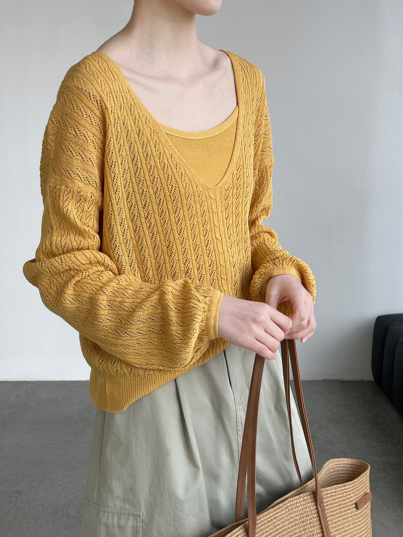 韓系鏤空V領防曬針織罩衫+吊帶上衣-兩件式套裝-4色