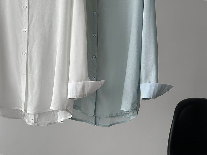 韓系天絲純欲感背後蕾絲純色襯衫外套-2色