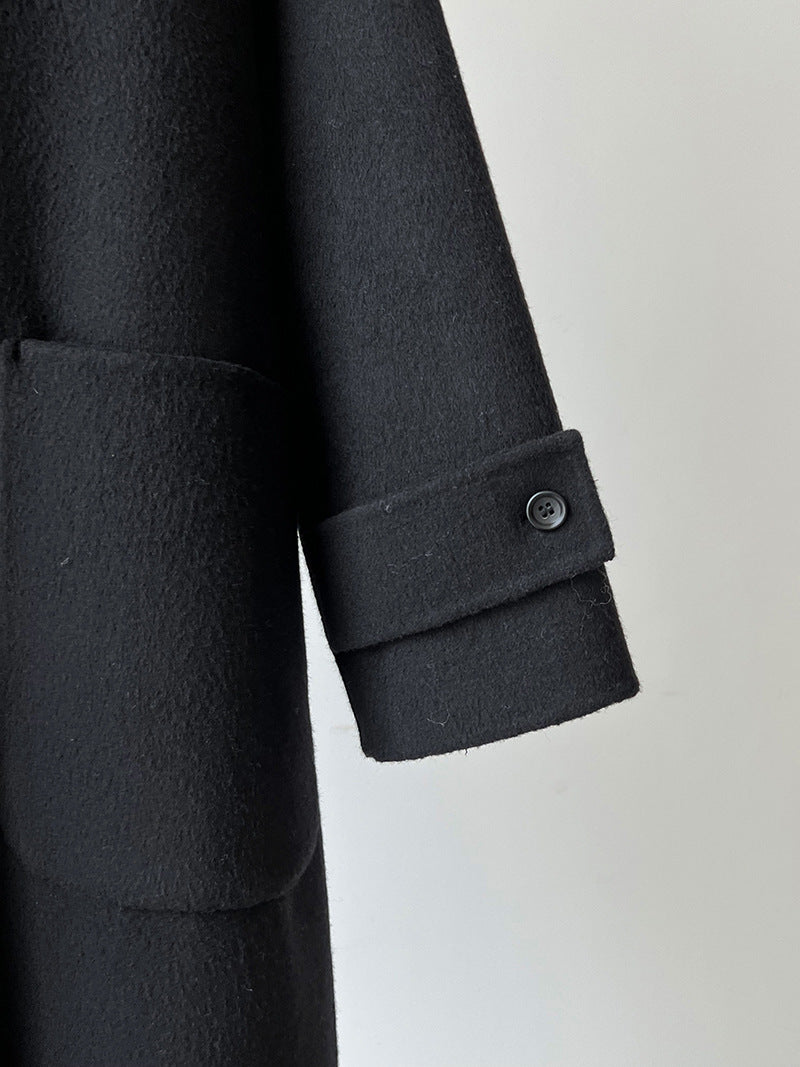 復古立領牛角扣羊毛雙面毛呢大衣外套