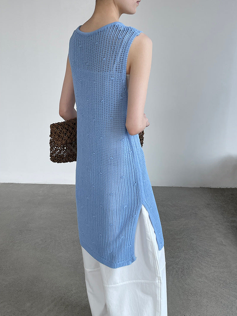 韓系側開叉圓領疊穿鏤空中長背心連身裙-4色