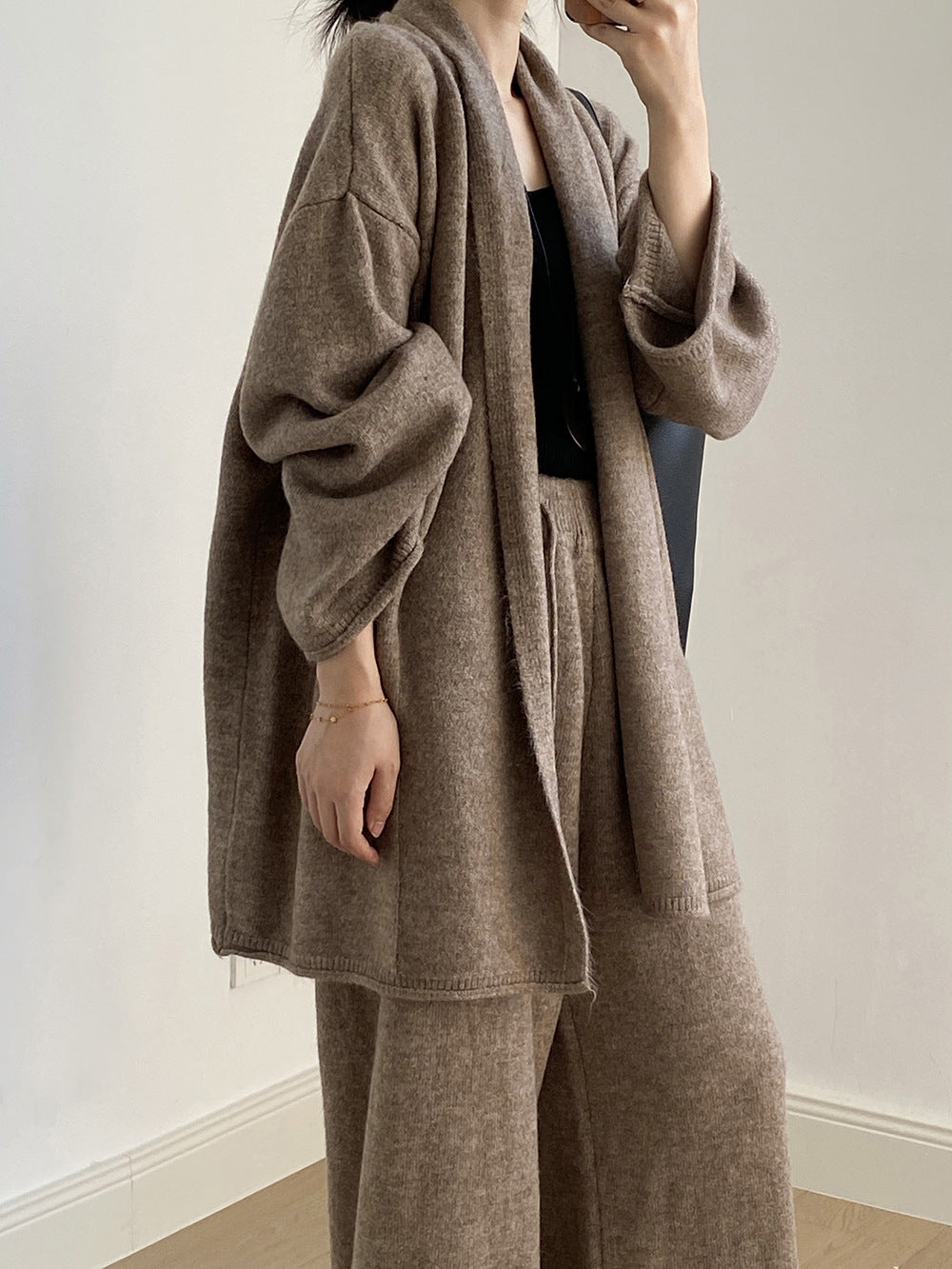 (48H出貨)高級慵懶風繫帶針織開衫+高腰闊腿褲-兩件式套裝-3色