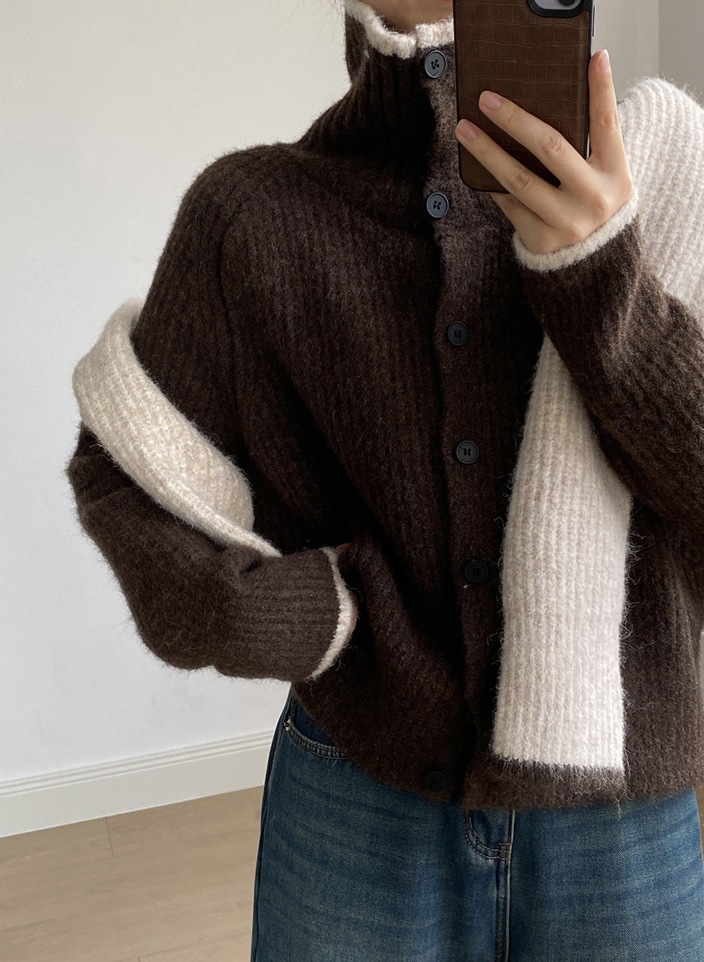 (48H出貨)韓系慵懶撞色翻領單排扣毛衣開衫外套-4色