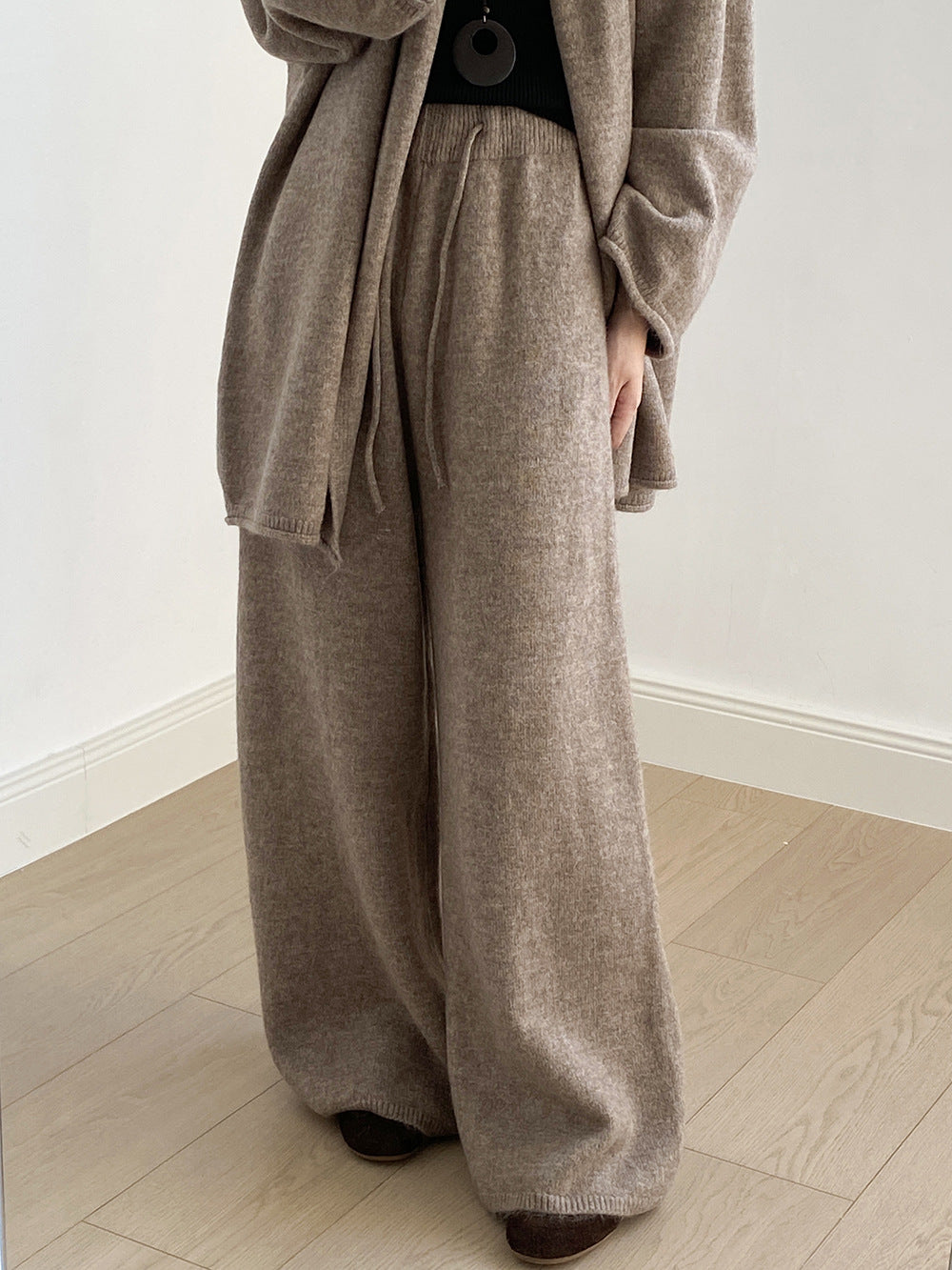 (48H出貨)高級慵懶風繫帶針織開衫+高腰闊腿褲-兩件式套裝-3色