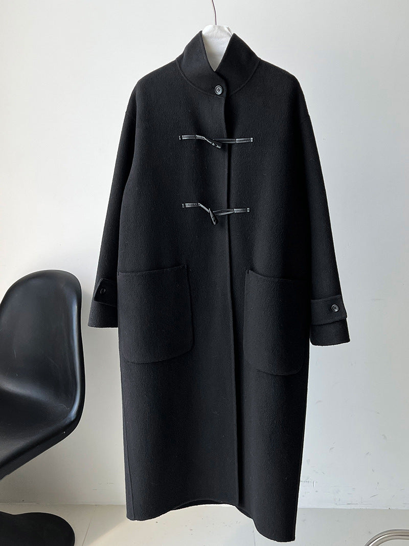 復古立領牛角扣羊毛雙面毛呢大衣外套