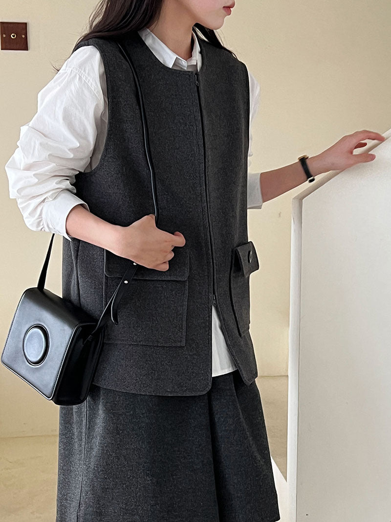 高級感寬鬆毛呢疊穿氣質圓領馬甲