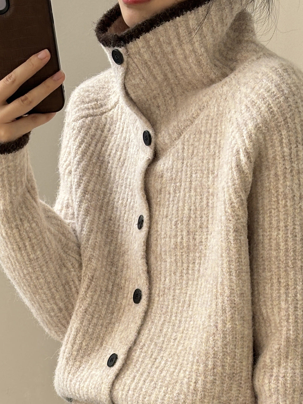 (48H出貨)韓系慵懶撞色翻領單排扣毛衣開衫外套-4色