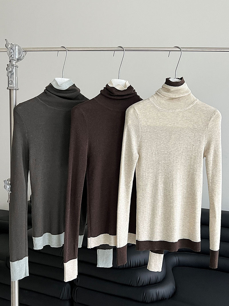 修身顯瘦軟糯撞色高領打底針織衫-3色