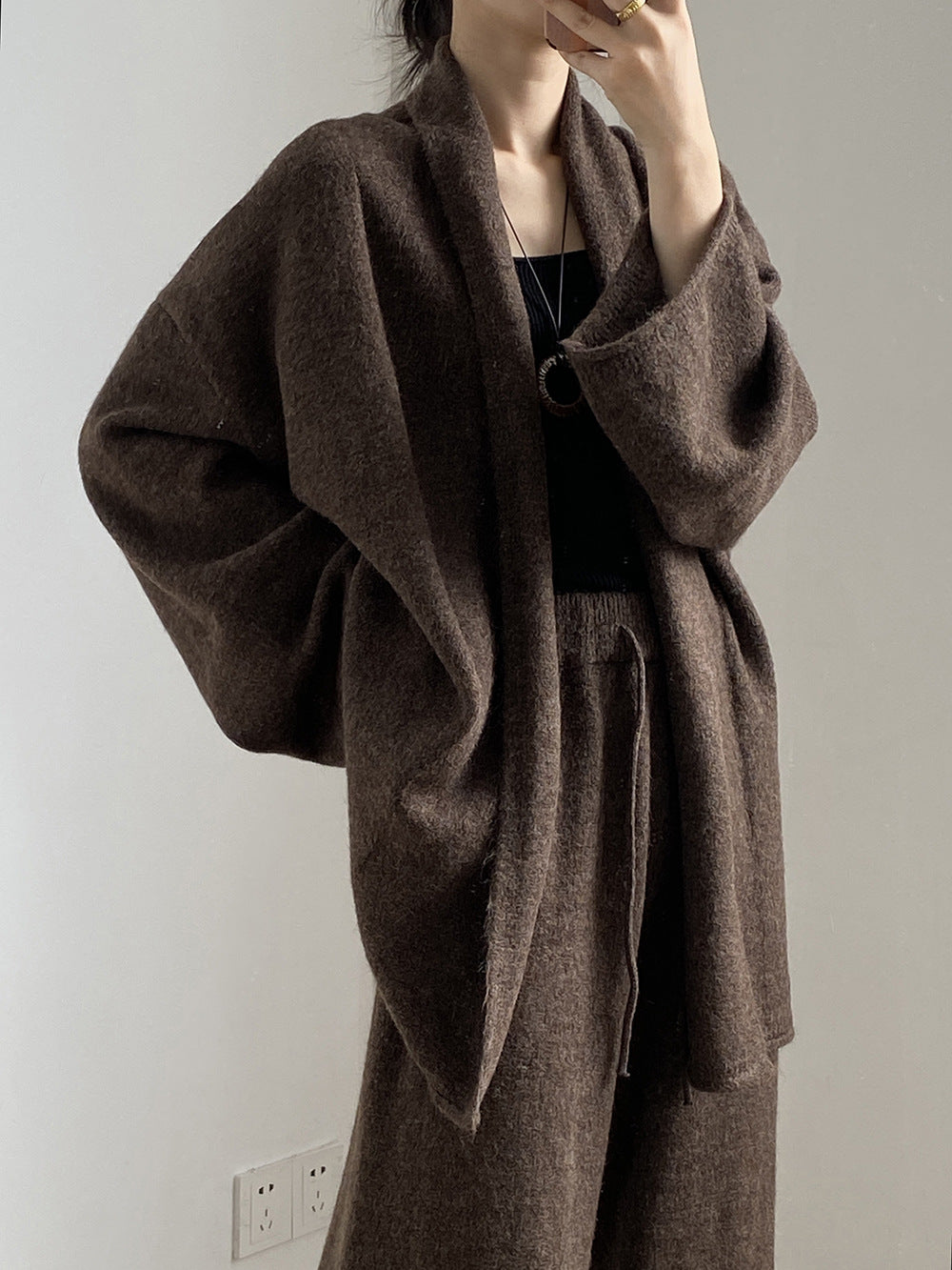 (48H出貨)高級慵懶風繫帶針織開衫+高腰闊腿褲-兩件式套裝-3色