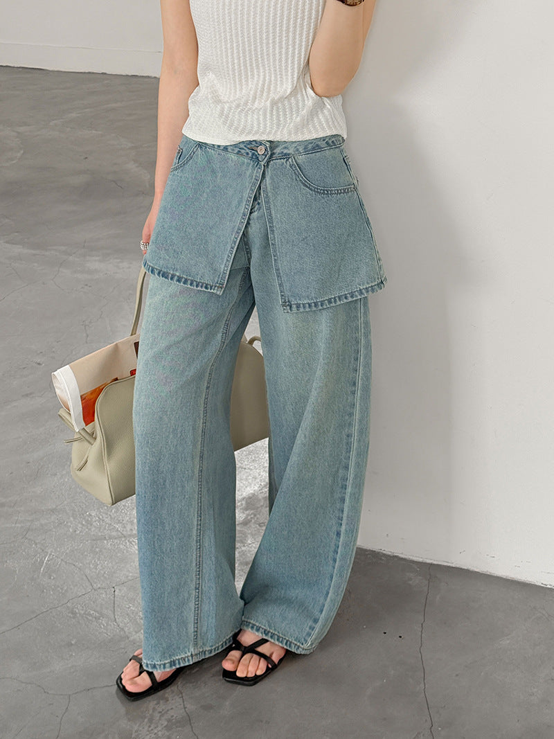 韓系小衆水洗可拆牛仔屁簾高腰顯瘦直筒牛仔褲