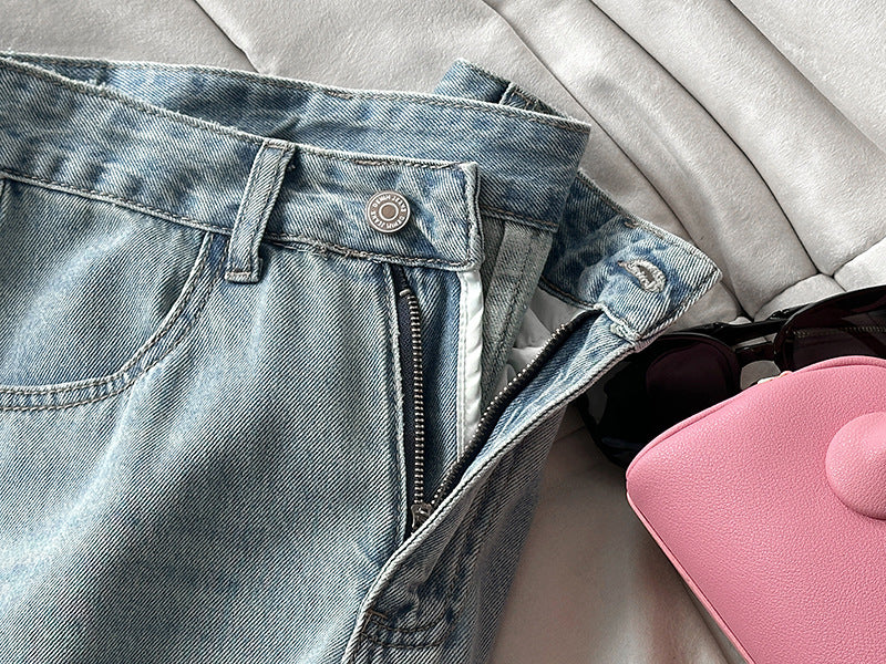 韓系小衆水洗可拆牛仔屁簾高腰顯瘦直筒牛仔褲