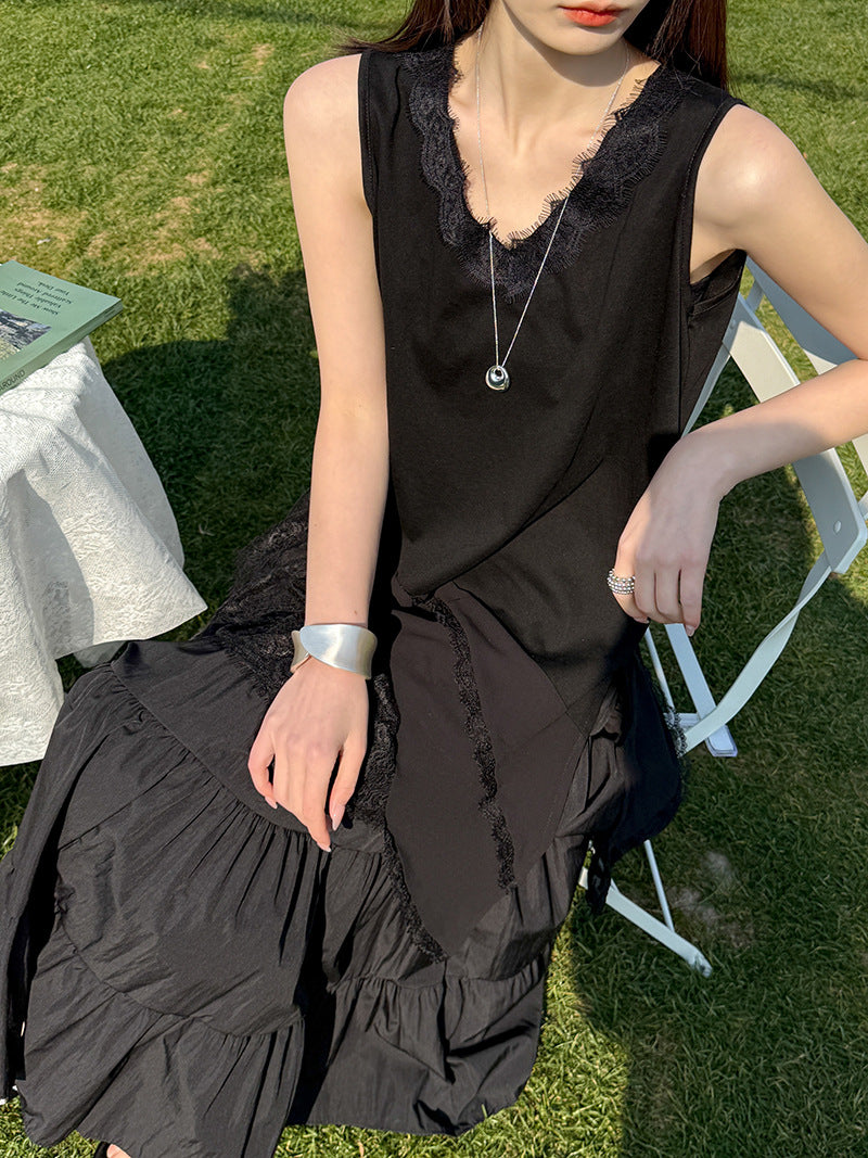 韓系優雅白月光網紗拼接透視針織打底衫-2色