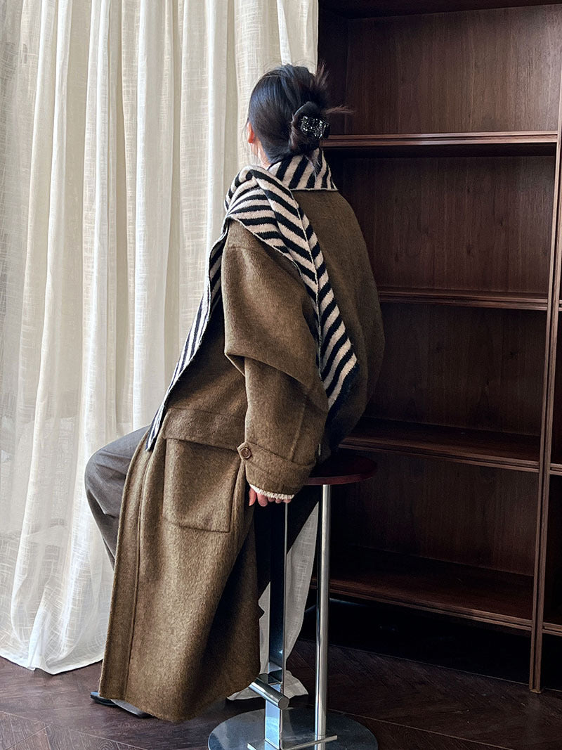 韓系高質感羊毛翻領拉鍊雙面呢大衣外套-2色