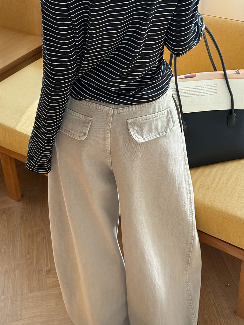 韓系復古高腰寬鬆顯瘦闊腿牛仔褲+腰帶-3色