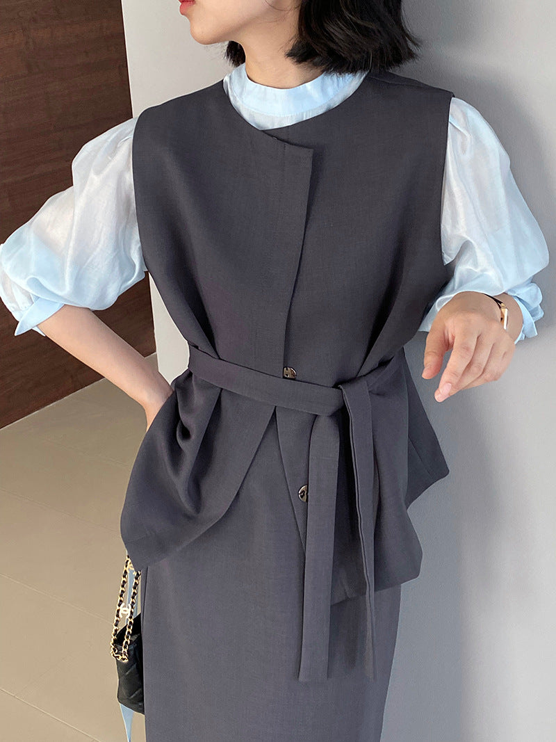 韓版高品質顯瘦西裝無袖馬甲+半身裙+配腰帶-三件式套裝