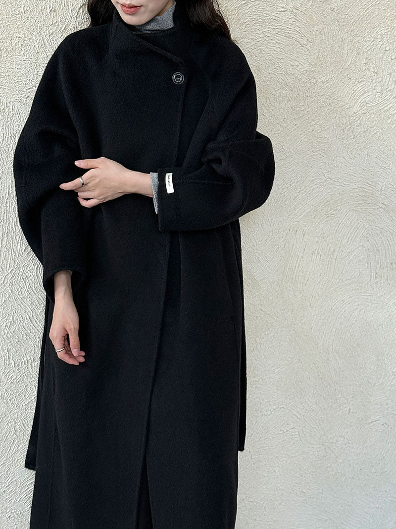 韓版慵懶斜扣領長款雙面呢羊毛大衣外套-3色