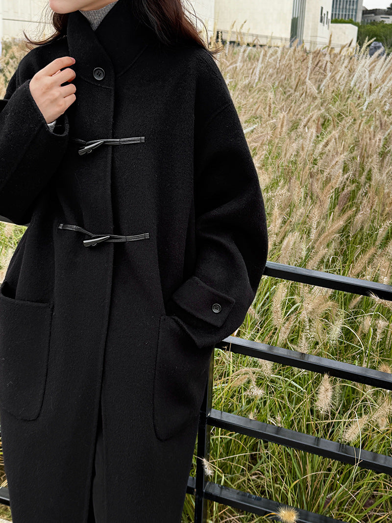 復古立領牛角扣羊毛雙面毛呢大衣外套