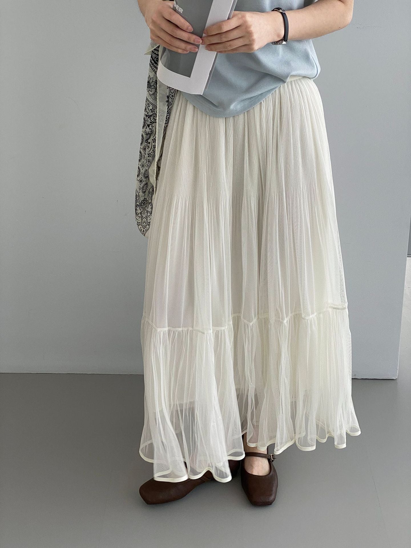 韓系溫柔飄逸網紗拼接百搭浪漫半身裙-3色