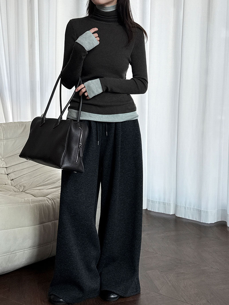 修身顯瘦軟糯撞色高領打底針織衫-3色