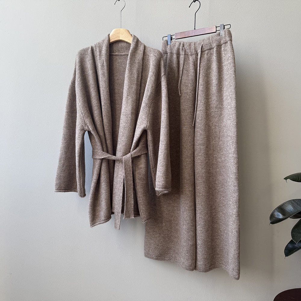 (48H出貨)高級慵懶風繫帶針織開衫+高腰闊腿褲-兩件式套裝-3色