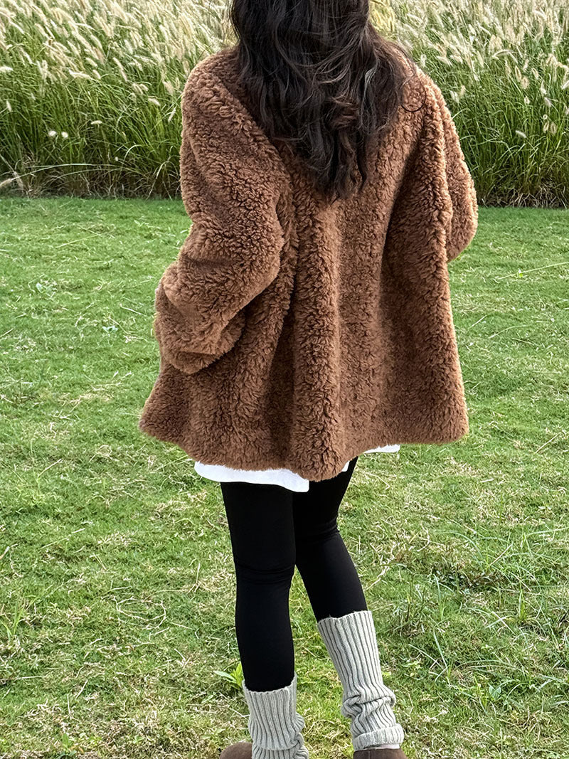 美拉德立領羊羔毛皮毛一體外套大衣-2色