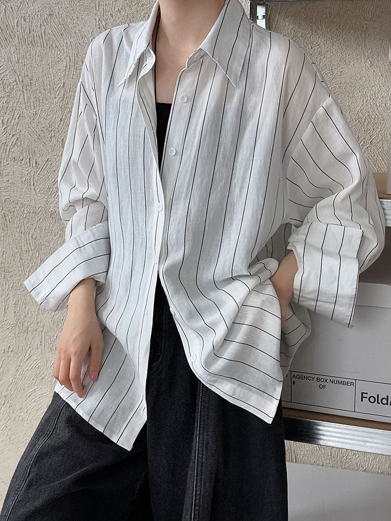 質感老錢風休閒條紋亞麻長袖襯衫外套-2色