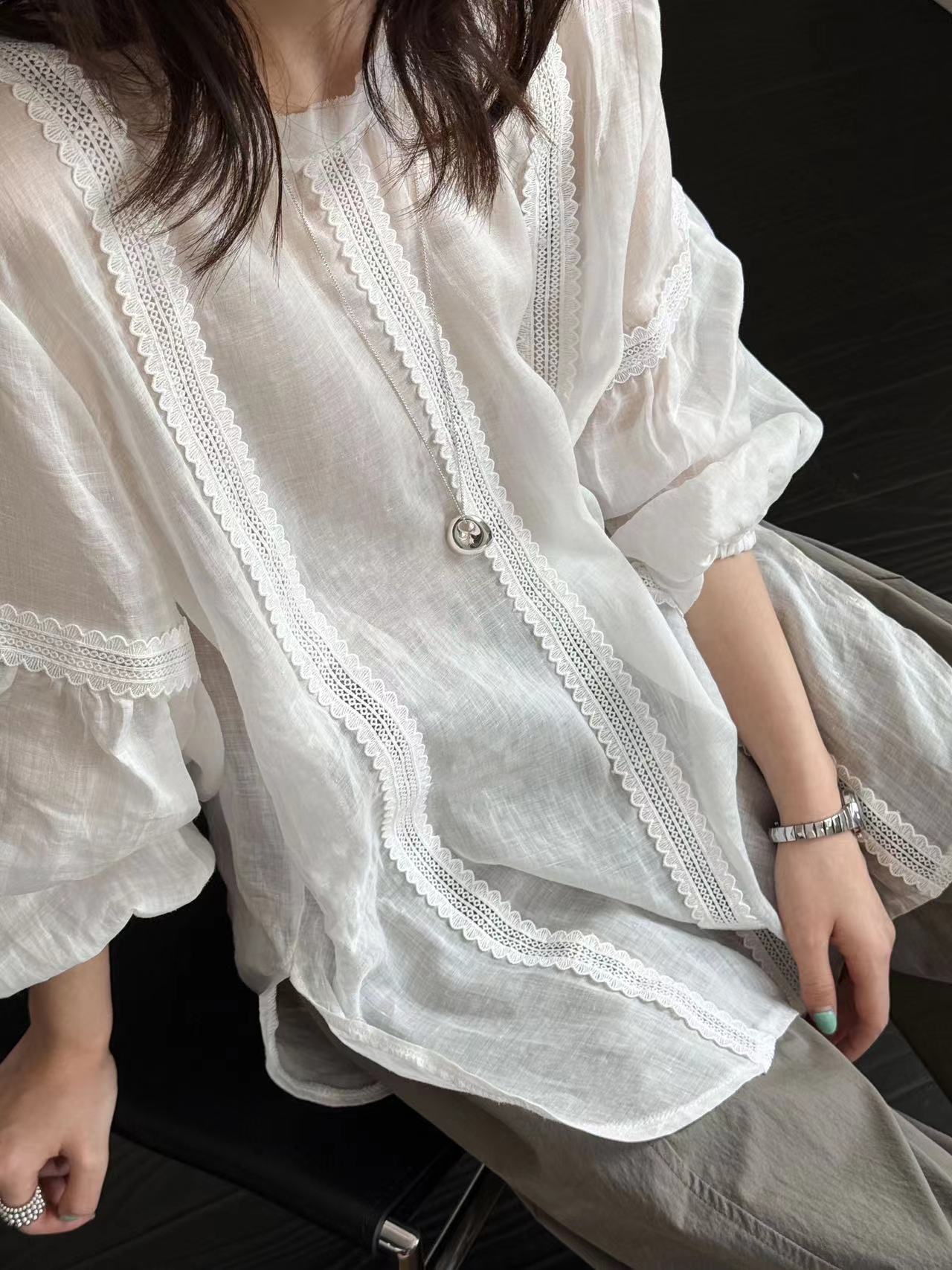 韓系文藝復古風苧麻鏤空寬鬆襯衫
